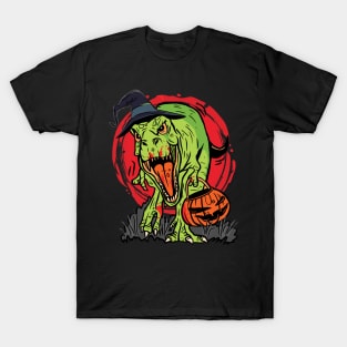 Trick-or-Treating Dinosaur with Jack-O-Lantern Graphic T-Shirt